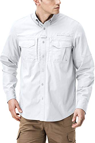 CQR Herren Langarm Riptstop-Arbeitshemden, atmungsaktive, Taktische Button-Down Wanderhemd und Outdorr-Hemden, mit USF 50+, Tos431 1pack - White, M von CQR