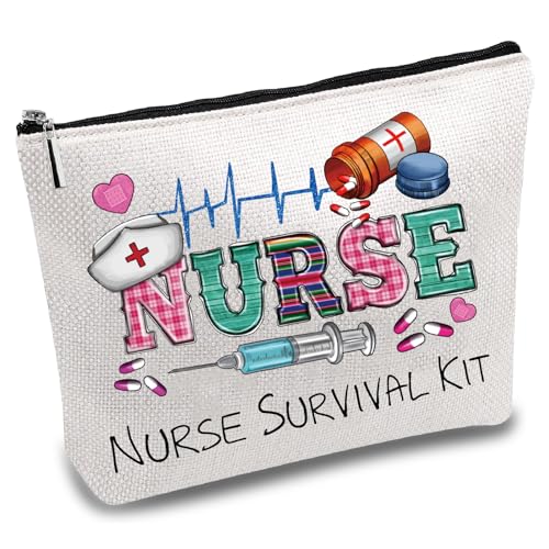 CREATCABIN Krankenschwester-Schminktasche-Überlebenskit-Tasche-Geschenk Für Frauen,Canvas-Kosmetiktasche,Mehrzweck-Stifteetui,Reißverschlusstaschen,Kulturbeutel,Reisetasche,Geldbörse Studentin,25x18cm von CREATCABIN