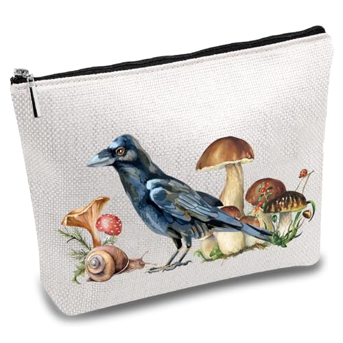 CREATCABIN Make-Up-Tasche Mit Vogel- Und Pilzmotiv,Multifunktionale Kosmetiktasche Mit Metallreißverschluss,Kulturbeutel Aus Polycotton,Großer Stauraum Für Frauen Und Studentinnen,Geschenke 25x18cm von CREATCABIN