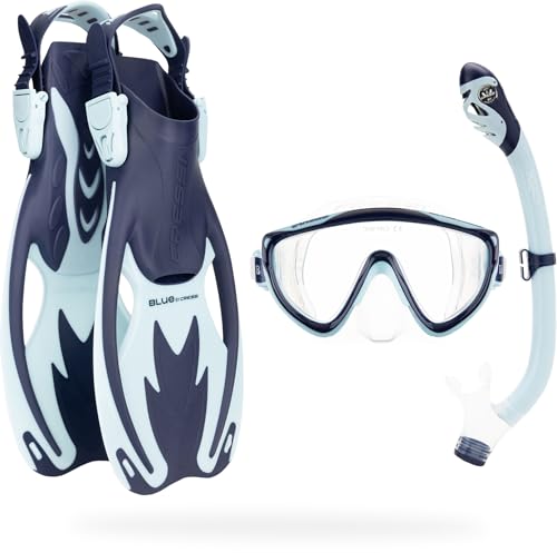 CRESSI Unisex-Youth Set-Blue Navy/Ice Cyan S/M Schnorchelset, Rocks Flossen, Tinetto Maske und Schnorchel Iguana Dry, Marineblau/Eisblau, Einheitsgröße von CRESSI