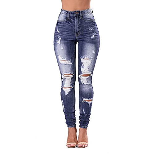 CRMY Jeans Damen Löcher Skinny Fit Lochjeans mit Taschen Stretch Elastisch Straight Jeans Schlank Zerrissene Jeggings Knopf Strecken Röhrenjeans Boyfriend Ripped Bleistifthose Denimhosen Damen von CRMY