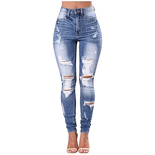 CRMY Jeans Damen Löcher Skinny Fit Lochjeans mit Taschen Stretch Elastisch Straight Jeans Schlank Zerrissene Jeggings Knopf Strecken Röhrenjeans Boyfriend Ripped Bleistifthose Denimhosen Damen von CRMY