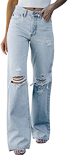 Damen Baggy Jeans mit weitem Bein, Distressed Flare Jeans für Damen, zerrissene Jeans mit mittlerer Taille, Trendige lässige Y2K Baggy Denim Jeans, Streetwear Cargohose (Color : Blue, Size : M) von CRMY