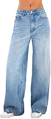 Damen Elegant Hose Schlaghose Straight Jeans Jeanshose Hohe Taille Bootcut Jeans mit weitem Bein Baggy Pants (Color : Blue, Size : S) von CRMY