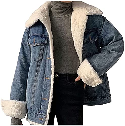 Damen Mädchen Winter Jeansjacke Gefütterte Denim Jacket Jeans Jacke mit Fell Mantel Warme Winterjacke mit Kapuze Fleece Mantel Jacke (Color : Blue, Size : L) von CRMY