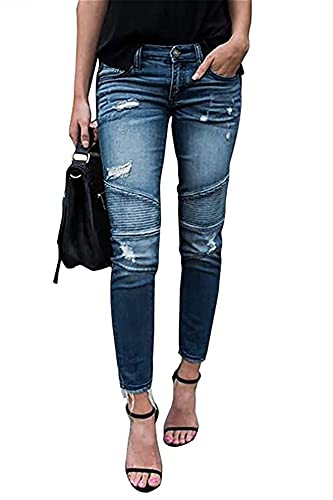 Damen Skinny Jeans Löcher Ankle Jeanshosen Rissen Löcher Mit Hoher Taille Dehnbar Lässig Dünne Lange Lounge Jeans Hosen (Color : Blue, Size : M) von CRMY