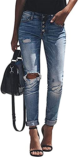 Damen Skinny Jeans Rissen Löcher Ankle Jeanshosen Zerrissene Destroyed Jeans Hose (Color : Blue12, Size : L) von CRMY