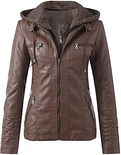 Lederjacke Damen Herbst Winter Motorrad Jacke Bomberjacke Bikerjacke mit Reißverschluss Kapuzen Übergangsjacke Frauen Oberbekleidung (Color : Brown, Size : 4XL) von CRMY