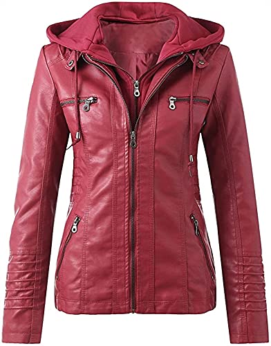 Lederjacke Damen Herbst Winter Motorrad Jacke Bomberjacke Bikerjacke mit Reißverschluss Kapuzen Übergangsjacke Frauen Oberbekleidung (Color : Red, Size : XXL) von CRMY