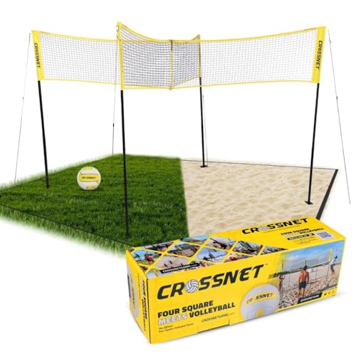 CROSSNET Vier-Quadrat-Volleyballnetz und Spielset - Volleyballsets für Strand und Garten - Gartenspiele für Kinder und Erwachsene - Inklusive Tragerucksack und Ball von CROSSNET