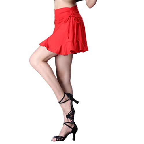 Lateinischer Tanz Faltenrock für Frauen Hohe Taille Tanz Kurze Röcke Weibliches Lateinamerikanisches Kleid Kordelzug Design Übungskostüme für Samba Tango Chacha Skater Kleid,Rot,S von CSSOL