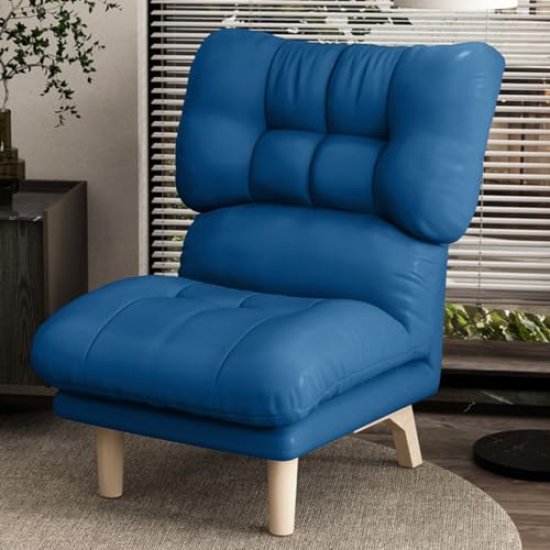 Akzentstuhl, weiß gepolstert, bequem, armloser Stuhl, moderner Lazy-Stuhl mit verstellbarer Rückenlehne, Lesesessel, Liegestuhl für Wohnzimmer, Sofa-Schaukelstuhl mit Holzbeinen (Farbe: Blau, Größe: von CUNTO