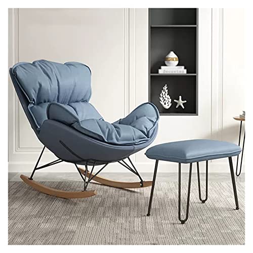 CUNTO Moderner Schaukelstuhl mit Fußhocker, gepolsterter Glider-Freizeitsofa-Liegestuhl mit hoher Rückenlehne, Rocker-Akzentsessel mit Massivholzbeinen für das Wohnzimmer (Farbe: Blau) von CUNTO
