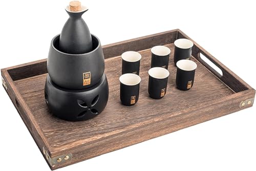 CUNTO Sake-Set aus Keramik mit wärmerem Topf und Tablett – traditionelles Japanisches Keramik-Hot-Saki-Set, 11-teilig, bestehend aus 1 Sake-Topf, 6 Sake-Bechern, 1 Wärmebecher, 1 Kerzenofen, 1 von CUNTO