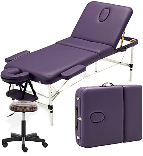 CUNTO Tragbarer Massagetisch und Sattelhocker-Set, 3 Abschnitte, zusammenklappbares SPA-Bett, Tattoo-Schönheits-Therapie-Couch-Bett-Set, für Heimmassage (lila) von CUNTO
