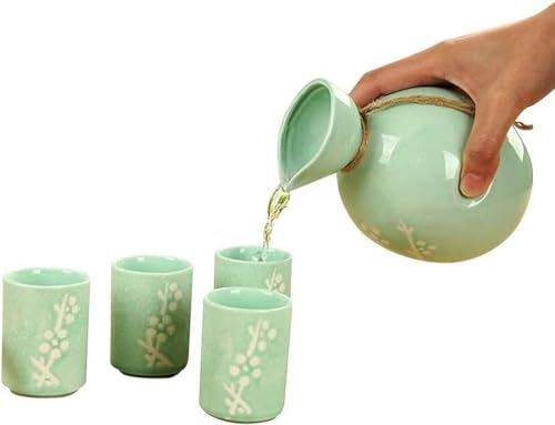 Sake-Tassen-Set im traditionellen Handdesign, exquisites 5-teiliges Sake-Set, japanisches Sake-Tassen-Set, Keramikbecher mit weißer Glasurstruktur, handgefertigte Weingläser, für Kalt/Warm/Shochu/Tee, von CUNTO