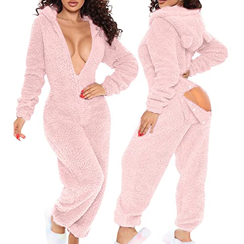 CUTTE Damen Fleece Pyjama Overall Fester Freizeit Overall mit Langen Ärmeln Nachtwäsche Herbst Winter Nachtwäsche mit Kapuze und Po-Klappe,Pink,S von CUTTE