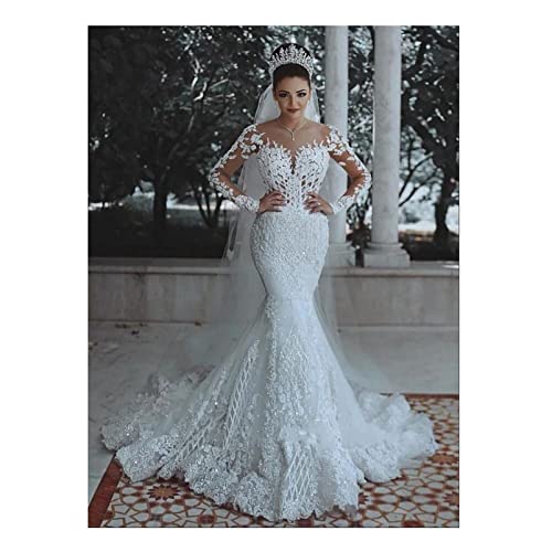 CUTTE Elegant Hochzeitskleid Brautkleid Sexy Tiefer V-Ausschnitt Spitze Meerjungfrau Brautkleider Brautjungfernkleid mit Ärmeln Brautkleid Maxi Abendkleider,White,3XL von CUTTE