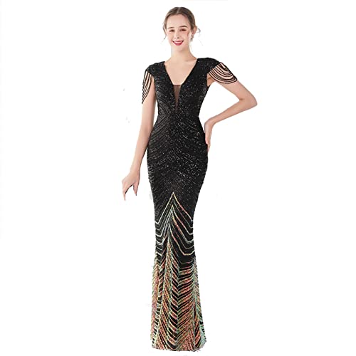 CUTTE Frauen Meerjungfrau Abend Cocktail Langes Kleid Ärmellos V-Ausschnitt Perlen Pailletten Sommerkleider Brautjungfernkleid Maxikleider,Black,L von CUTTE