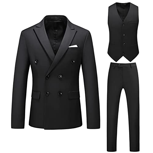 CUTTE Herren 3-teiliges Anzug-Set Blazer Hosen Weste Plus Größe Zweireihig Lässige Slim Fit Blazer Jacken für Party Dinner Prom,Black,XL von CUTTE
