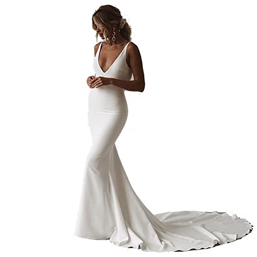 CUTTE Meerjungfrau-Hochzeitskleid V-Ausschnitt Offener Rücken Boho-Hochzeitskleid Weißes Schlichtes Langes Zug Knöpfe Strand Abendkleid Brautkleid,White,US von CUTTE