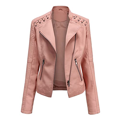 Damen Stehkragen Leder Kurze Jacke Schlanke Lederjacke Damen Motorradjacke Casual Lederimitat Streetwear Slim Übergangsjacke Bikerjacke,Pink,M von CUTTE