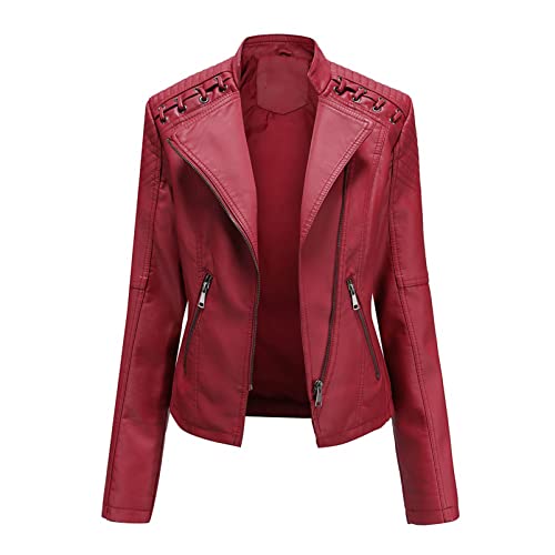 Damen Stehkragen Leder Kurze Jacke Schlanke Lederjacke Damen Motorradjacke Casual Lederimitat Streetwear Slim Übergangsjacke Bikerjacke,Red,L von CUTTE