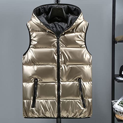 CWENROU Damen Ärmellose Daunenweste - Winter Plus Größe Damen Daunenweste Retro Kapuze Kurze Glänzende Ärmellose Daunenjacke Gefütterte Jacke Wasserdicht Warm Gold Freizeit Outdoor-Sport,Gold,3XL von CWENROU