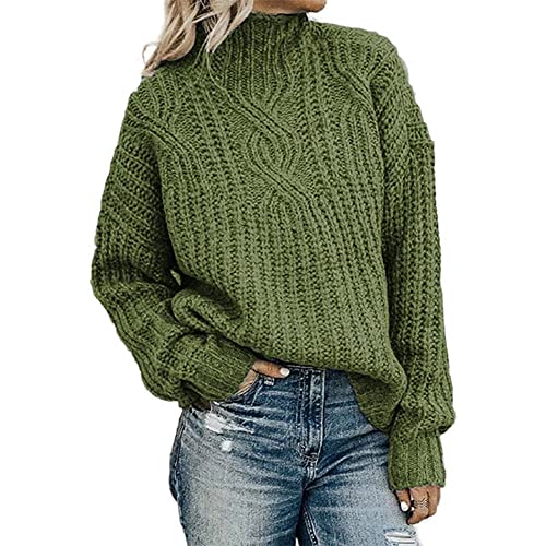 CWENROU Damen Pullover - Winter Strickpullover Damen Stehkragen Mode Zopf Grobstrick Pullover Armee Grün Warm Langarm Slim Stretch Soft Outdoor Business Party Eleganz,Armee Grün,XXL von CWENROU