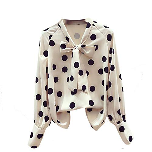 CWENROU Lässige Damenhemden - Mode Damen Frühling Und Sommer Retro Lässigen Stil Chiffon Shirt Shirt Elegante Fliege Kragen Polka Dot Druck Beige Bluse Outdoor Elegante Business-Party Einfach, XL von CWENROU