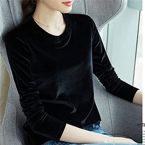 CWENROU Lässige Damenhemden - Mode Herbst Und Winter Gold Samtbluse Damen Hemd T-Shirt Retro Rundhals Langarm Samt Plus Size Bluse Schlank Schwarz Schlichte Und Elegante Outdoor-Party,Schwarz,XL von CWENROU