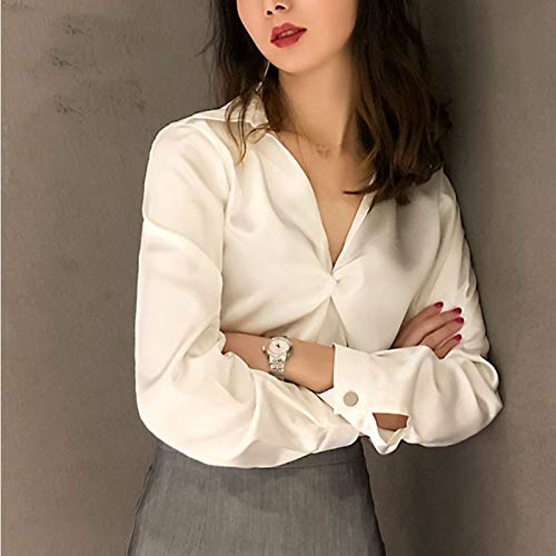 Lässige Damenhemden - Mode V-Ausschnitt Shirt Bluse Koreanischen Retro-Shirt Frühling Und Sommer Elegante Schlanke Einfarbige Büro Damen Kleidung All-Match Elegante Weiße Casual Business Party, L von CWENROU