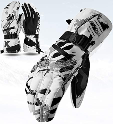 CXW Skihandschuhe Touchscreen Thermohandschuhe Wasserdicht Snowboard Handschuhe für Damen und Herren (Weiß & Grau Graffiti, M) von CXW
