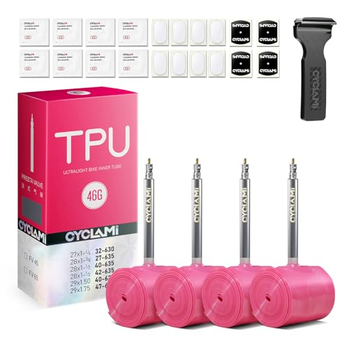 CYCLAMI Fahrradschlauch aus TPU, 46 g, ultraleicht, 700 x 32–47 C, 71,1 cm, Metall-Presta-Ventil, 45 mm, MTB-Schlauch 73,7 cm, TPU-Rennrad 71,1 cm (mit multifunktionaler Reifenhebestange) von CYCLAMI