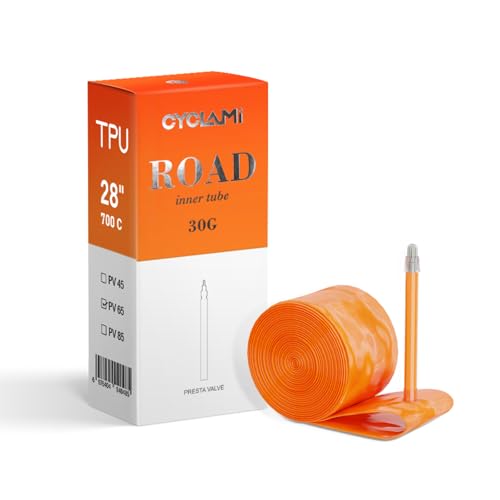 CYCLAMI Orangenes TPU Schlauch Rennrad 1er-Pack 30g Leicht TPU Fahrradschlauch 28 Zoll 700Cx18/23/25/28/30/32c FV:65MM (1P-30g-65MM) von CYCLAMI