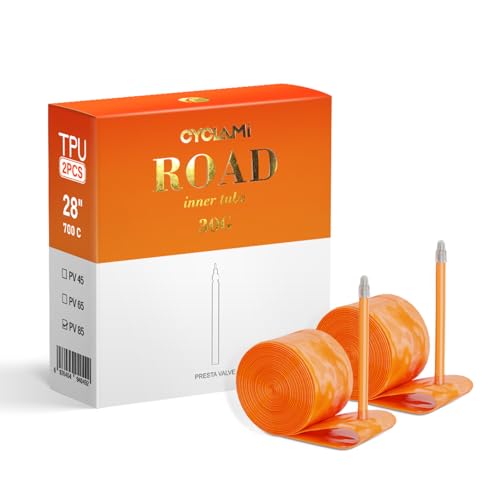 CYCLAMI Orangenes TPU Schlauch Rennrad 2er-Pack 30g Leicht TPU Fahrradschlauch 28 Zoll 700Cx18/23/25/28/30/32c FV:85MM (2P-30g-85MM) von CYCLAMI
