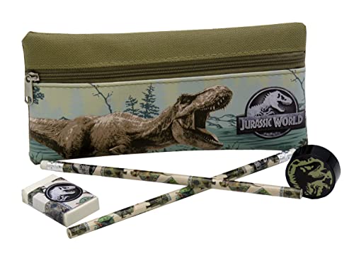 Jurassic World-Schreibwaren-Set mit Federtasche, Spitzer, Radiergummi und Bleistifte, Schulmaterial, Geschenk, Mehrfarbig, offizielles Produkt (CyP Brands) von CYPBRANDS