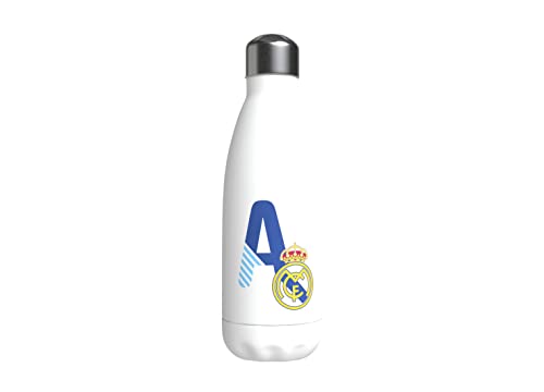 Real Madrid Wasserflasche aus Edelstahl, luftdicht, mit Buchstabe A in Blau, 550 ml, Weiß, offizielles Produkt (CyP Brands) von CYPBRANDS