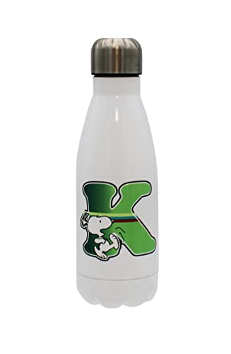 Snoopy-Edelstahl-Wasserflasche, hermetischer Verschluss, mit mehrfarbigem Buchstaben-K-Design, 550 ml, weiße Farbe, offizielles Produkt (CyP Brands) von CYP