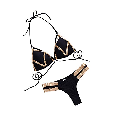 CYYMY Damen Sexy Bikini Halter Bandage Gold Stamping Push Up Gepolsterter Zweiteiliger Badeanzug,Black,XL von CYYMY