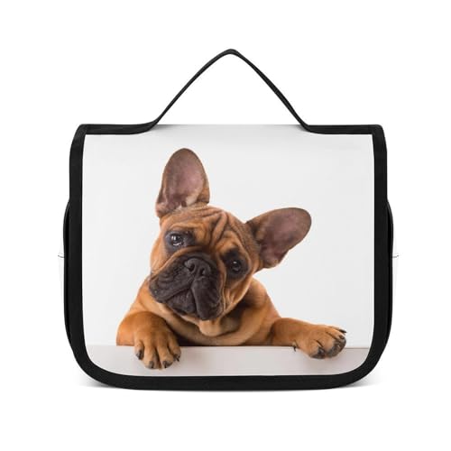 Reise-Kulturbeutel, tragbare Make-up-Tasche, liegender schwarzer Cartoon-Hund, Kulturbeutel für Männer und Frauen, Thinking Brown Cute Dog, 22.5x18.5cm von CZZYH
