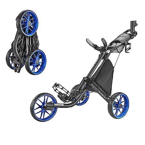 CaddyTek EZ Tour Quickfold Deluxe 3-Rad Golftrolley Golfcaddy komplett mit Kühltasche - Modell 2020 (schwarz-blau) von CaddyTek