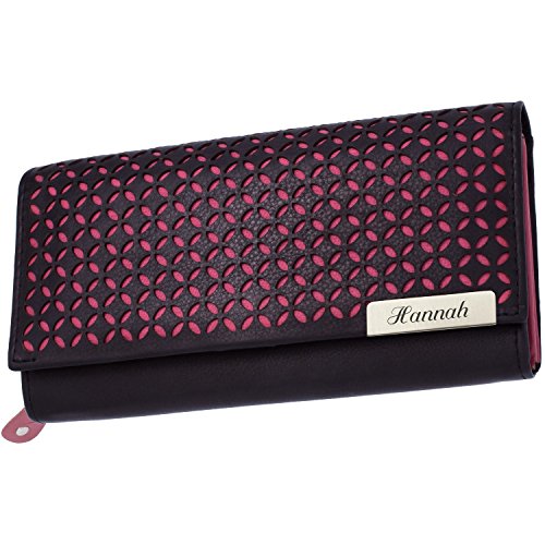 Cadenis Damen Geldbörse Geldbeutel Leder mit persönlicher Laser-Gravur schwarz/rosa Querformat 18,5 x 9,5 cm von Cadenis