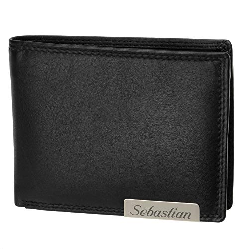 Cadenis Herren-Leder-Geldbörse mit Laser-Gravur und RFID-Schutz feines Rindnappa Schwarz quer 12,5 x 9,5 cm von Cadenis