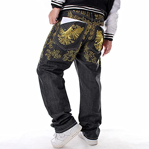 Baggy Hip-Hop-Jeans für Männer, lässig Plus Größe bestickte gedruckte geradlinige Denim-Hose,Schwarz,32 von Caige