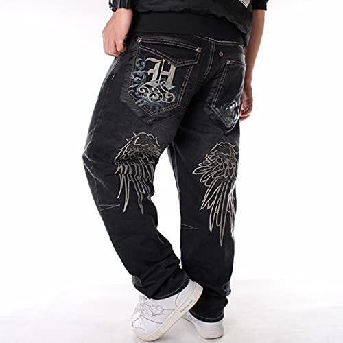Caige Herren lose Hip-Hop Jeans Mode-Druck Plus Größe Jeanshose,Schwarz,32 von Caige