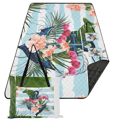 Caihoyu Picknickkorb-Set, tragbar, Gras, große Outdoor-Decke für Familien-Picknick-Artikel, nautischer Anker und tropische Pflanzen von Caihoyu