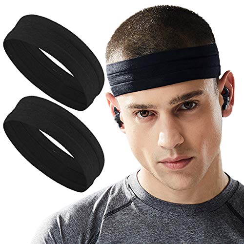 Calbeing Schwarze Workout-Stirnbänder für Herren, Lauf-Haarbänder, Sport-Schweißbänder für Herren, feuchtigkeitsableitend, rutschfest, 2 Stück von Calbeing