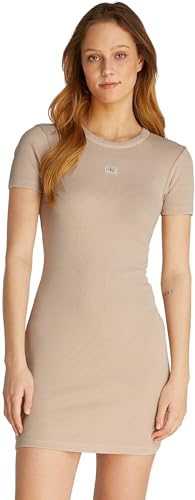 Calvin Klein Damen Bodycon Kleid Washed Woven Label Rib Kurz, Beige (Brazilian Sand), XXL von Calvin Klein