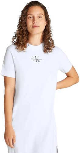 Calvin Klein Damen T-Shirt Kleid Monologo Long Rib Tee mit Rundhalsausschnitt, Weiß (Brilliant White), XXS von Calvin Klein